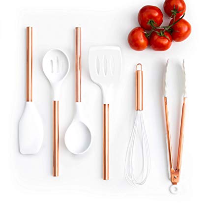 White Silicone and Copper Cooking Utensils for Modern Cooking and Serving, Stainless Steel Copper Serving Utensils Ideal Spatulas for Non Stick Cookware