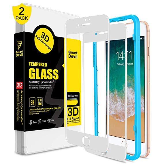 SMARTDEVIL for iPhone 7 Plus/8 Plus Screen Protector [2 Pack], 3D Full Coverage Tempered Glass-[Easy Installation Frame],Screen Protector Tempered Glass for Apple iphone 7 Plus/8 Plus,White