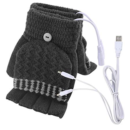 Unisex Women's & Men's USB Heated Gloves Mitten Winter Hands Warm Laptop Gloves,Yinuoday Full & Half Heated Fingerless Heating Knitting Hands Warmer Washable Design (Men Grey)