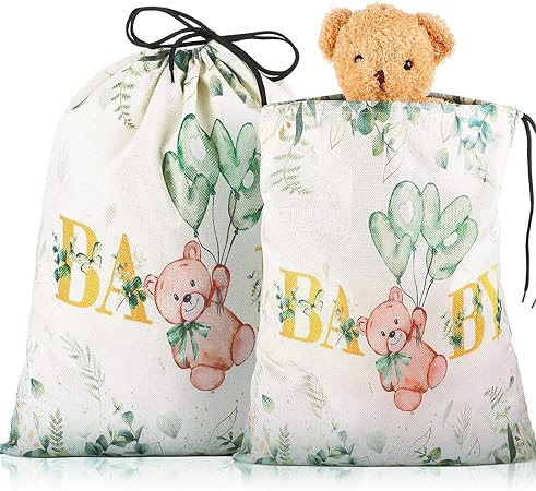 2 Pieces Large Gift Bag with Drawstring Large Canvas Gift Bags Heart Print Drawstring Present Wedding Bags Wrapping Reusable Bag Present Wrap Bags for Christmas, 20 x 16 in (Green,Baby)