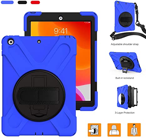 iPad 7th Generation - iPad 10.2 inch 2019 Carrying Case - with Swivel Kickstand/Handle Hands Strap/Shoulder Strap,Heavy Duty Shock/Dropproof Kids Rugged A2197/A2198/A2200 Cover - Blue