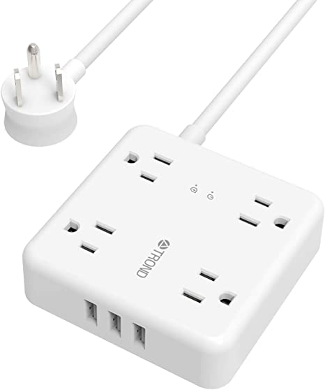 Surge Protector Power Bar With USB, TROND Flat Plug Power Strip With 4 AC Outlets, 3 USB Ports, 1440 Joules Surge Protection, 5 Feet Extension Cord, Compact Desk Computer Wall Mount Bracket, Suitable For Home, Office, Dormitory, White