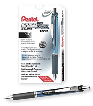 Pentel EnerGel Deluxe RTX Retractable Liquid Gel Pen, Fine Line, Needle Tip, Black Ink, Box of 12 (BLN75-A)