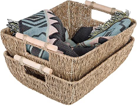 StorageWorks Hand-Woven Jumbo Storage Baskets with Wooden Handles, Seagrass Wicker Baskets for Organizing, 16.9” x 13” x 6”, 2-Pack