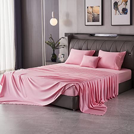 Whitney Home Textile King Size Sheet Set Light Pink Bamboo Cooling Sheets 16" Deep Pocket Bed Sheets 300 Thread Count Viscose Bamboo Sheets for King Size Bed Silky Soft Luxury Oeko-TEX Sheets 4 Piece