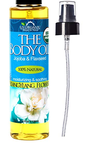 Body & Bath Oil - Rich Floral Ylang Ylang, Certified Organic by USDA, Jojoba & Flaxseed Oil w/ Vitamin E, No Alcohol, Paraben, Artificial Detergents, Color or Synthetic perfumes, 5 Fl.oz.