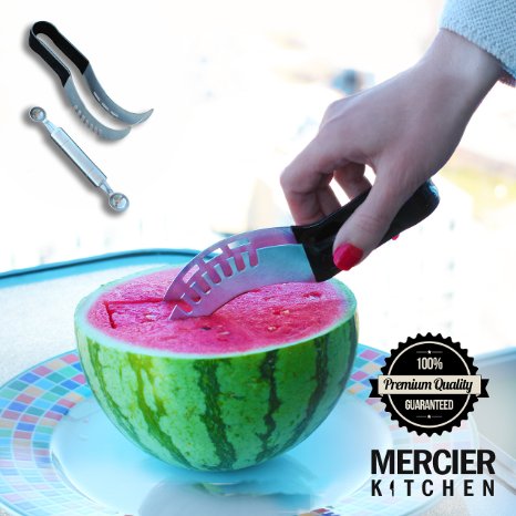 MERCIER Watermelon Slicer, Corer, Cutter Knife & Server Tongs - Comes with Bonus Double Headed Melon Baller