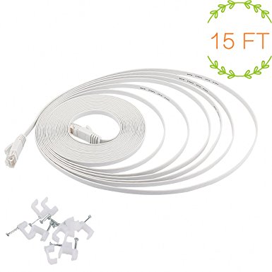 Cat6 Ethernet Cable Flat White with Clips, comtelek® Network Cable, thin Cat 6 Ethernet Patch Cable, slim Internet computer Cable with Snagless Rj45 Connectors (（15FT/5M)-W)