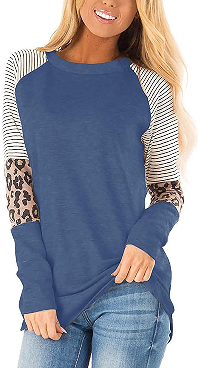 Hisweet Women's Leopard Striped Color Block Short Sleeve T-Shirt Casual Crew Neck Blouse Tops…
