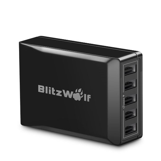 5 Port USB Desktop Charger BlitzWolf 40W8A 24A Max Each Rapid Phone Charging Station Power3S Technology for Apple iPhone 6 6s Plus iPad Air 2 Samsung Galaxy S4 S5 Edge Note 4 5 Sony Black