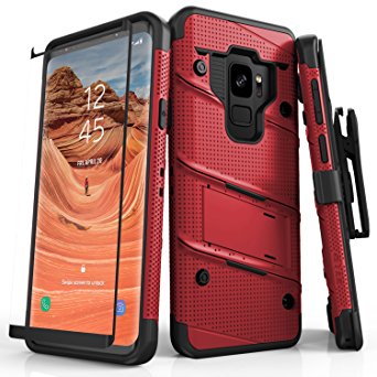 Zizo Bolt Series Samsung Galaxy S9 Case - Full Curved Glass Screen Protector with Holster and 12ft Military Grade Drop Tested (Red & Black)