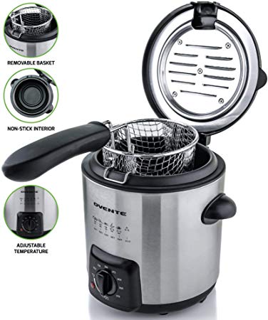 Ovente FDM1091BR Mini Deep Fryer with Removable Basket, Stainless Steel, Adjustable Temperature Control, Non-Stick Interior, Personal Size, Brushed Nickel (Renewed)