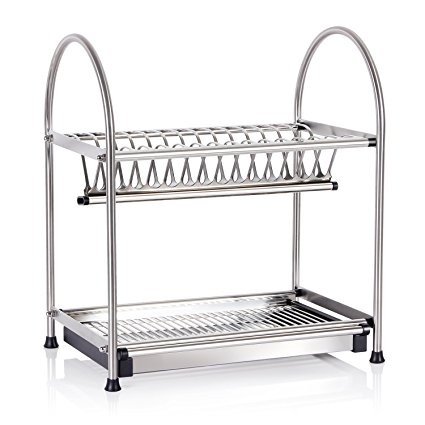 Lifewit Over-The-Sink 2-Tier Dish Drainer Drying Rack Holder, Kitchen Plate Cup Draining Storage with Tray, Stainless Steel