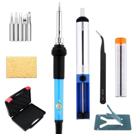 Tabiger Soldering Iron Kit 60W 110V-Adjustable Temperature Welding Soldering Iron with Tool Carry Case, 5pcs Different Soldering Tips, Desoldering Pump, Y Stand, Anti-Static Tweezers and Solder Wire