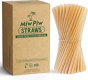 Biodegradable Coconut Straws - 200 Pieces Disposable, Plastic Free, Ecofriendly Coco Fiber Drinking Straws Bulk for Cold and Hot Beverages, Cocktail and Restaurant