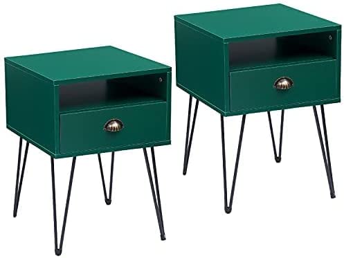 VECELO Nightstand Set of 2, End/Side Table with Drawer and Storage Shelf for Children's Living Room Bedroom, Stable Metal Frame, 2 Pack, Green