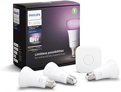 Philips Hue White & Colour Ambiance Starter Kit: Smart Bulb 3x Pack LED [E27, Edison Screw] and Bridge, Works with Alexa, Google Assistant and Apple HomeKit