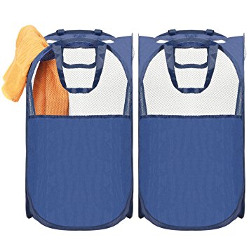 Pop-up Laundry Hamper, MaidMAX Foldable Mesh Bag Basket with Reinforced Carry Handles, Blue, 2-Pack, Updated Version