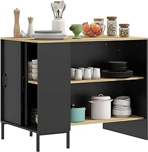 HOMCOM Desserte îlot de Cuisine Meuble de Rangement avec 2 étagères Ouvertes, 1 Placard avec Portes coulissantes, Porte Couteaux, 114,5 x 70 x 90 cm, Noir