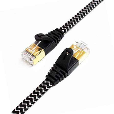 Tera Grand - CAT7 10 Gigabit Ethernet Ultra Flat Patch Cable Modem Router LAN Network Playstation Xbox - Built with Gold Plated & Shielded RJ45 Connectors Nylon Braided Jacket, 3 Ft Black & White