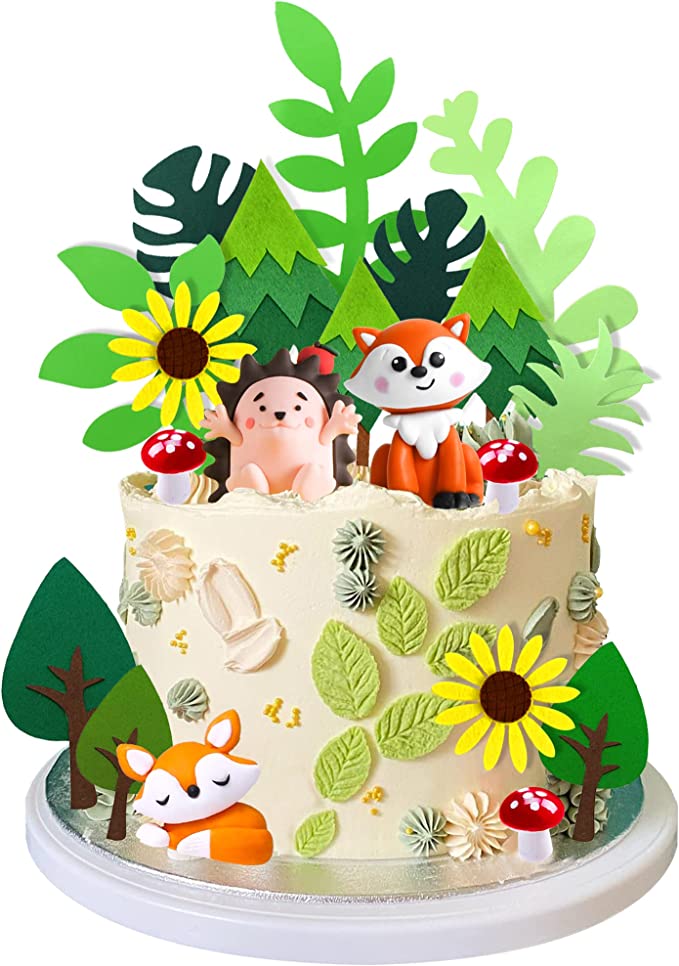 Woodland Cake Toppers Fox Hedgehog Woodland Animal Creatures Mushroom Leaf and Tree Cake Toppers for Baby Shower Woodland Theme Birthday Party Decorations