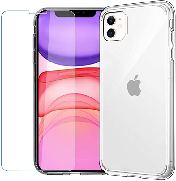 EasyAcc Slim Clear Case for iPhone 11 with Screen Protector, Thin Transparent Phone Cases Hybrid Protective Shockproof Hard PC Back with Soft TPU Bumper Cover Compatible with iPhone 11 6.1 2019