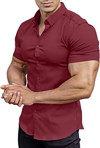 Casual Men's Muscle Fit Dress Shirts Short Sleeve Athletic Fit Button Down Shirts