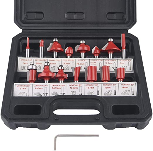 flintronic Fresas Set, 15 PCS Cortadores Madera de Diámetro de Caña Herramienta de Fresado | Kit de Herramientas de Carpintería con Caja de Madera para el Hogar y Bricolaje