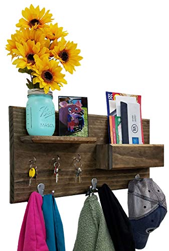 Hamilton Elite Wall Mounted Organizer features 3 double coat hooks, 3 key hooks, display shelf along with a mail holder. Available in 20 Stains : Shown in Dark Walnut