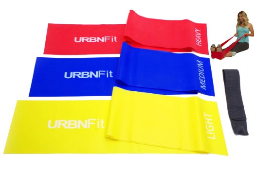 Long Fitness Bands 5 Ft wDoor Anchor - URBNFit - 3 Pack of Resistance Bands for Stretching Workouts Rehabilitation Professional Grade Flat Stretch Bands Are Essential For Every Home Gym