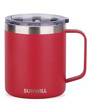 SUNWILL 14 oz Coffee Mug, Vacuum Insulated Camping Mug with Lid, Double Wall Stainless Steel Travel Tumbler Cup, Coffee Thermos Outdoor, Powder Coated Wine Red