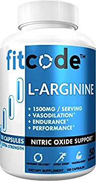 Fitcode Pure Extra Strength L-Arginine HCl 1500mg, Nitric Oxide Supplement for Vascularity, Pumps, Endurance, Performance, Muscle Growth & Energy, Powerful Arginine N.O Muscle Pump Capsules 50 Serving