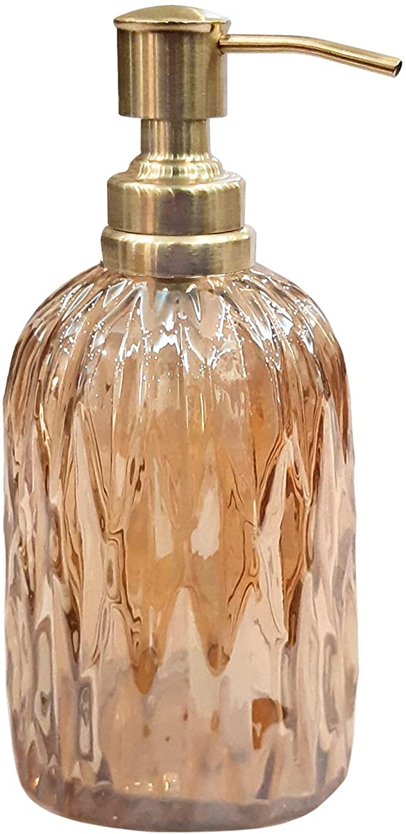 nu steel GLA328C-6 Glacier Collection Glass Finish Trim Refillable Dispenser Pump Bottle for Bathroom Vanity Countertop-Holds Lotion, Liquid Soap, Hand Sanitizer, Amber Gold