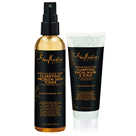 SheaMoisture African Black Soap Facial Care Kit | Clarifying Facial Wash & Scrub 4 Oz | Clarifying Problem Skin Toner 4.2 Oz