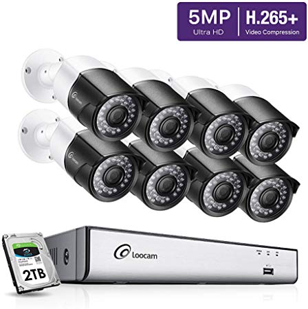 Loocam 2K H.265  Security Camera System, 5MP 8 Channel Super HD DVR with 2TB HDD and 8X 5MP(2592x1920) CCTV Bullet Cameras, IP67 Weatherproof Camera, 150ft EXIR Night Vision, Free iOS and Andriod APP