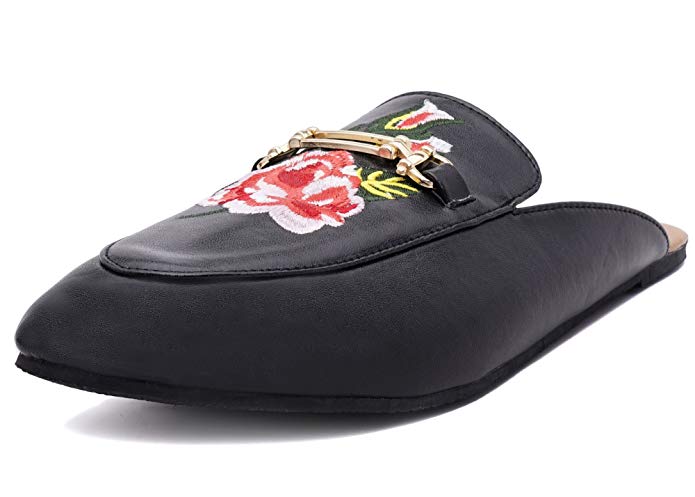 Charles Albert Women’s Floral Embroidery Rose Buckle Backless Slip On Loafer Flats