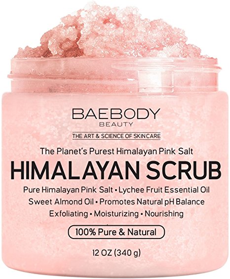 Baebody Himalayan Salt Body Scrub - Deep Cleansing Exfoliator with Lychee Essential Oil and Sweet Almond Oil, Moisturizes Nourishes Soothes & Promotes Glowing Radiant Skin, Natural Body Wash, 12oz