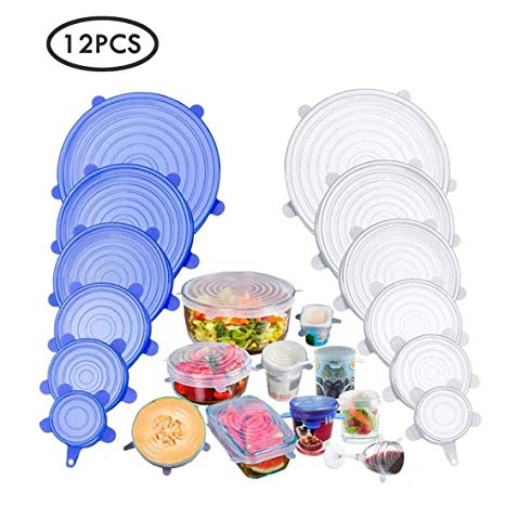 12pcs Reuseable Silicone Stretch Seal lids,BPA-Free Food Storage Covers Fit Various Shape of Containers, Dishes, Bowls, Safe in Dishwasher, Microwave and Freezer