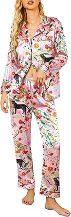 Ekouaer Silk Satin Pajamas Women's Long Sleeve Pj Set Soft Button Down 2 Piece Sleepwear Loungewear S-XXL