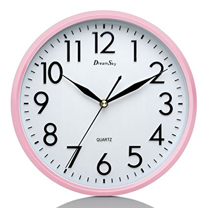 DreamSky 10" Non Ticking Wall Clock ,Decorative Indoor/Kitchen Round Clock ,3D Numbers (Pink)