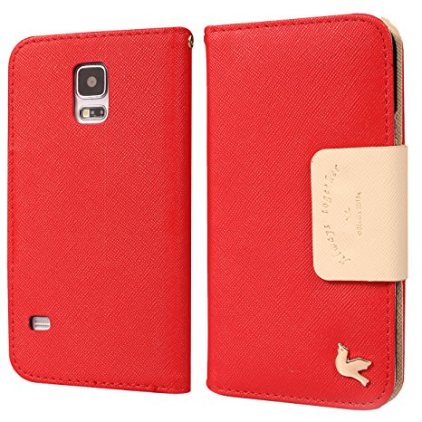 Galaxy S5 Case,[2PCS HD Screen Protectors]By HiLDA,Wallet Case,PU Leather Case,Credit Card Holder,Flip Cover Skin,Galaxy SV I9600[Red]