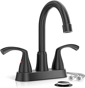 Phiestina Matte Black Bathroom Sink Faucet, 4 Inch Centerset 2 or 3 Holes Modern Vanity Faucet with 360 Swivel Spout, Metal Pop Up Drain and Water Supply Lines, JC180-MB