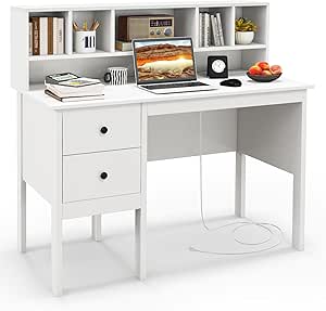 Giantex White Desk with Drawers and Power Outlet, 48" Home Office Computer Desk with 5-Cubby Hutch, 2 Storage File Drawers, Study Writing Table, PC Desk Workstation for Bedroom