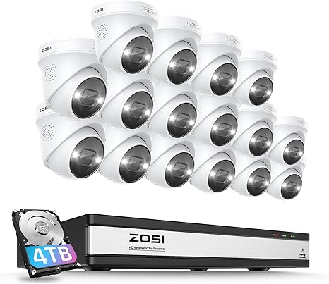 ZOSI 4K 16CH PoE Security Camera System Outdoor with Person Vehicle Detection,16pcs 4K PoE IP Cameras,2 Way Audio,Spotlight & Sound Siren,H.265  16Channel 8MP NVR with 4TB HDD for 24/7 Recording