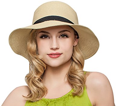 Women Floppy Sun Beach Straw Hats Wide Brim Packable Summer Cap by Janrely
