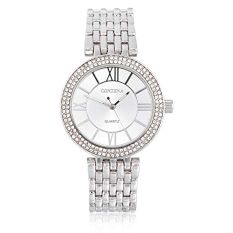 Lady Analog Watch, Elegant Electronic Watch with Metal Strap and Rhinestones Dial for Girls Birthday(Silver)
