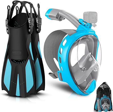 Odoland Snorkeling Package Set, Snorkeling Gear for Adults with Full Face Snorkel Mask Camera Mount, Adjustable Swim Fins, Mesh Bag, Anti-Fog Anti-Leak Scuba Gear for Men Women