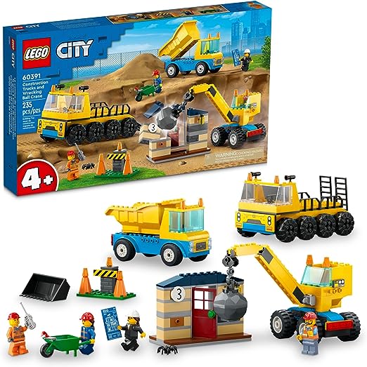 LEGO City Construction Trucks and Wrecking Ball Crane 60391 Building Toy Set for Toddler Kids Ages 4 , Includes 3 Construction Vehicles, an Abandoned House and 3 Minifigures for Pretend Play