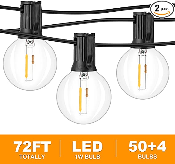 2-Pack 36FT Shatterproof LED G40 String Lights with 54 Dimmable Clear Plastic Globe Vintage Edison Bulbs, Upgraded Waterproof Outdoor Indoor Cafe Light for Patio Garden Backyard Tent Decor, Black 72FT