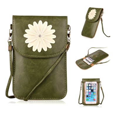 Bosam NEW Cute Flower Cross-body Purse Mobile Pouch Soft Cell Phone PU Leather Case [View Window Touch Screen] Cover with Detachable Shoulder Strap for Apple iPhone 6 (4.7) Plus (5.5) 5 5S 5C 4 4S, Samsung Galaxy S5 (i9600) S4 (i9500) S3 (i9300) Note 4 (N910H) Note 3 Note 2, HTC One M8 M7 T6, LG G2 G3 Mini Optimus L7 P705 L5 F3, Sony Xperia Z3 Z2 Z1, Google nexus 5 4 One and Other Android Smart Phones Less Than 5.7 inch ( army green )